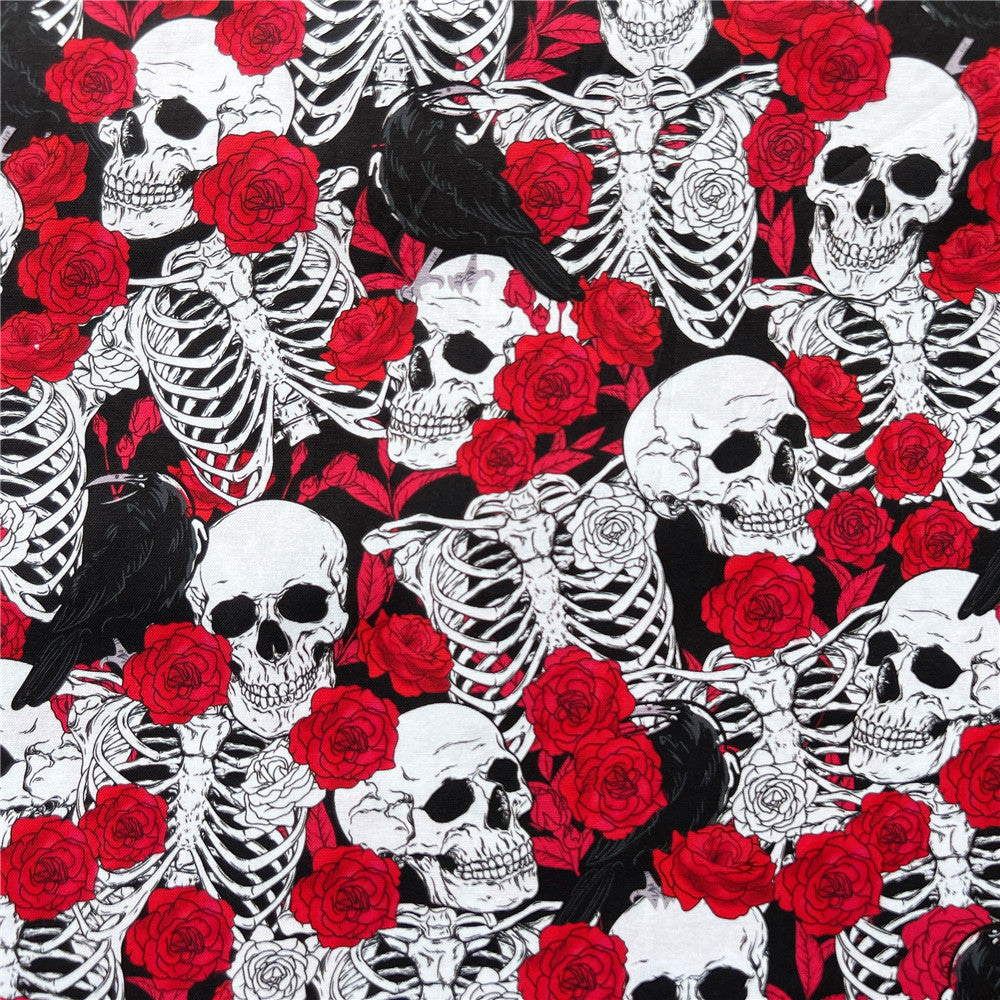 Raven Rose Skeleton Cotton Fabric Sewing Quilting Cloth Skull pattern Patchwork Needlework Handmade DIY Material