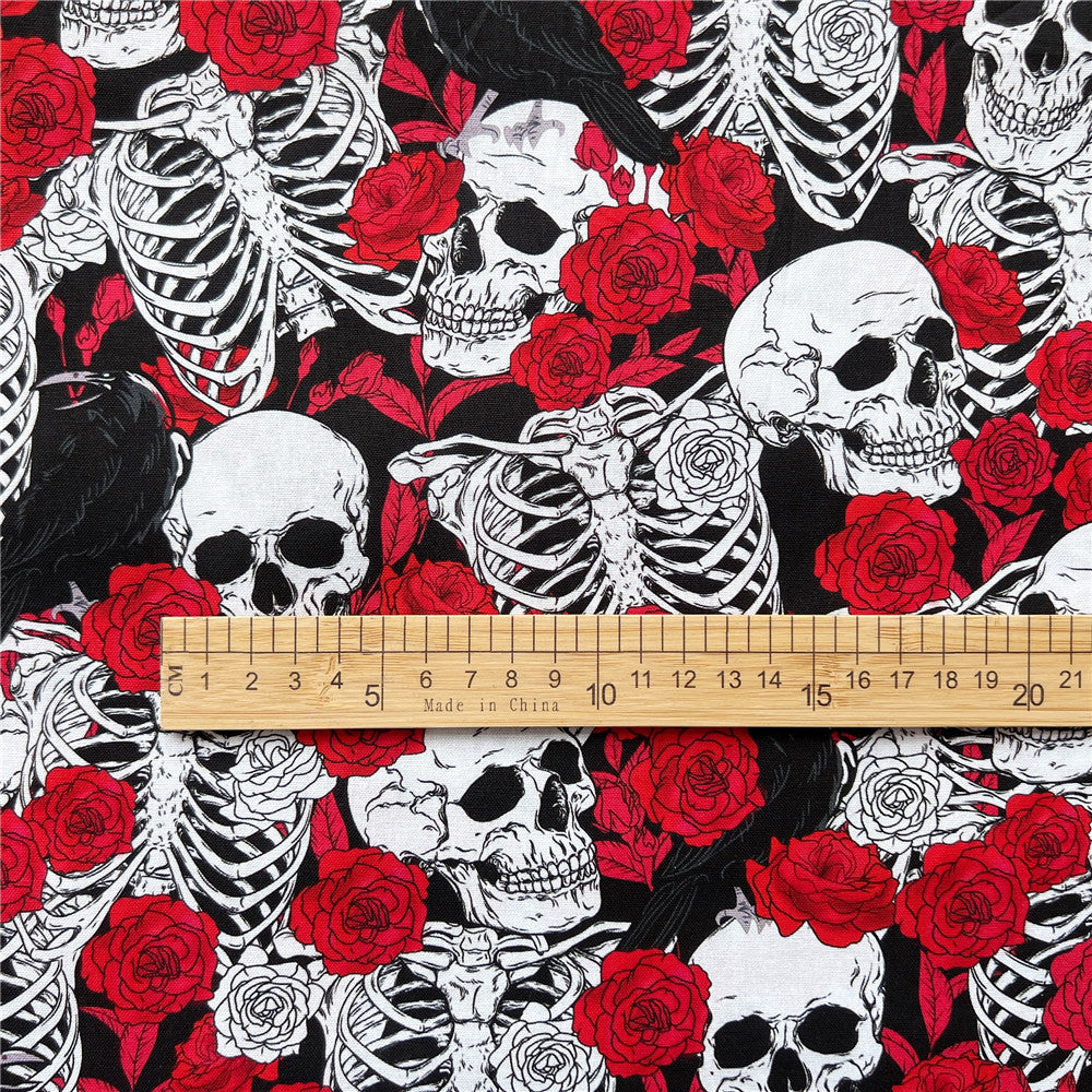 Raven Rose Skeleton Cotton Fabric Sewing Quilting Cloth Skull pattern Patchwork Needlework Handmade DIY Material