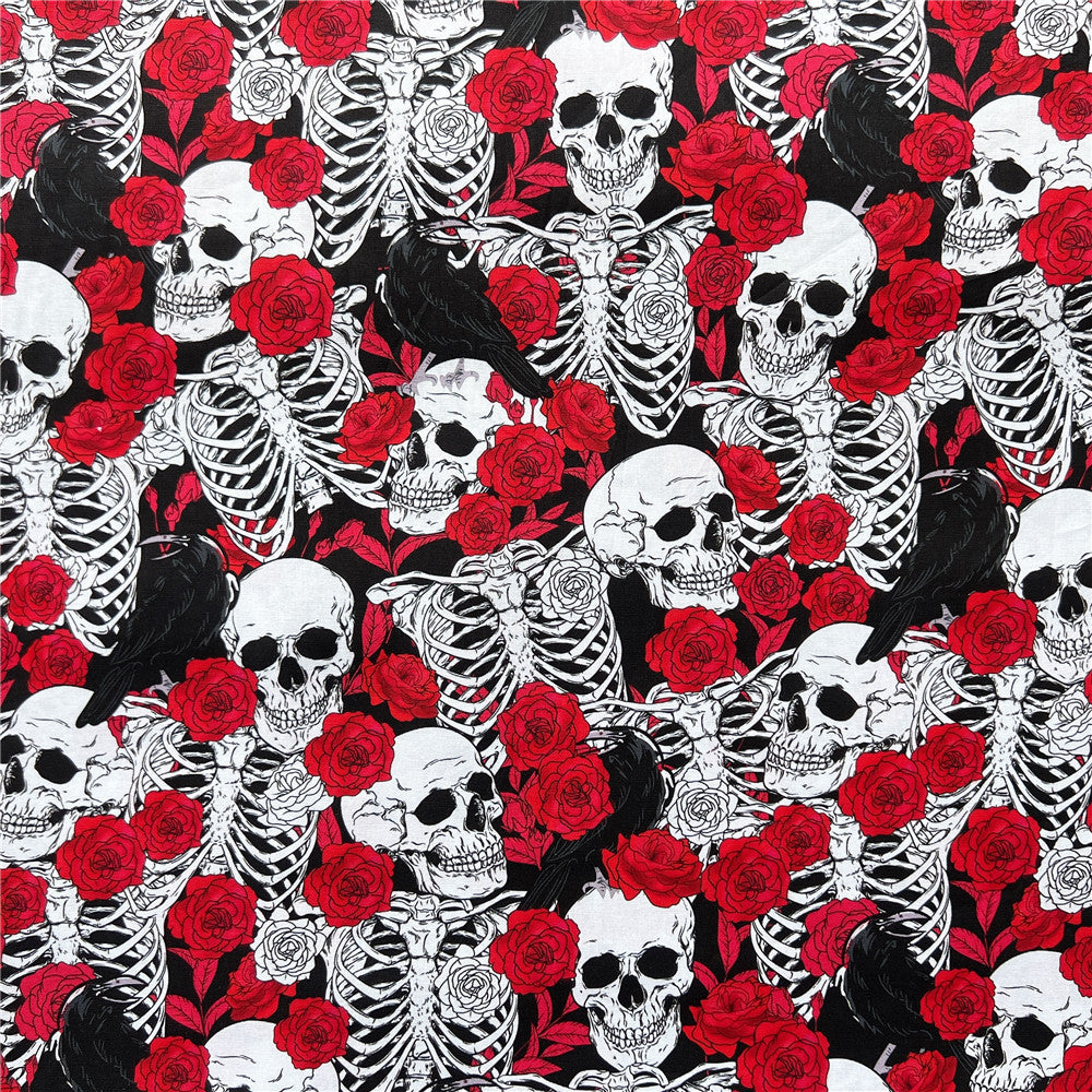 Raven Rose Skeleton Cotton Fabric Sewing Quilting Cloth Skull pattern Patchwork Needlework Handmade DIY Material