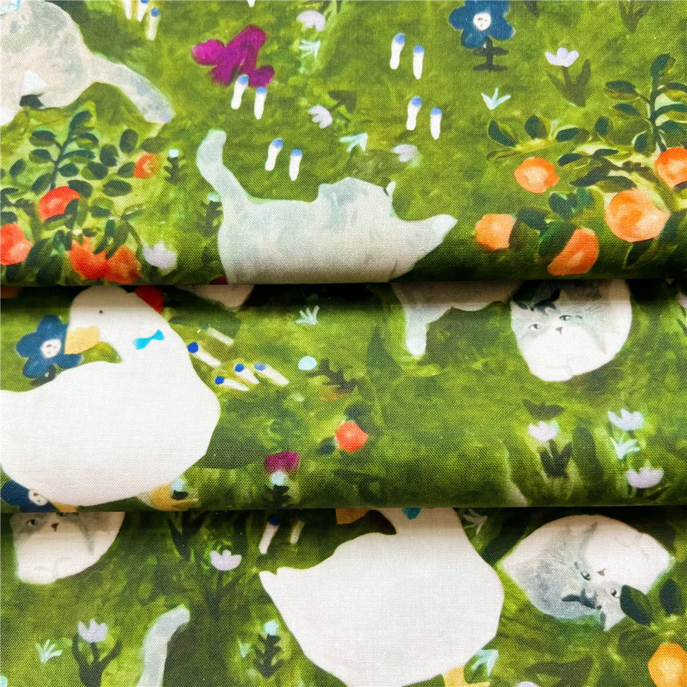 Oil painting grass, cat, duck, printed cotton cloth, hat mouth, gold bag fabric, children's dress, bookclothes, tablecloth
