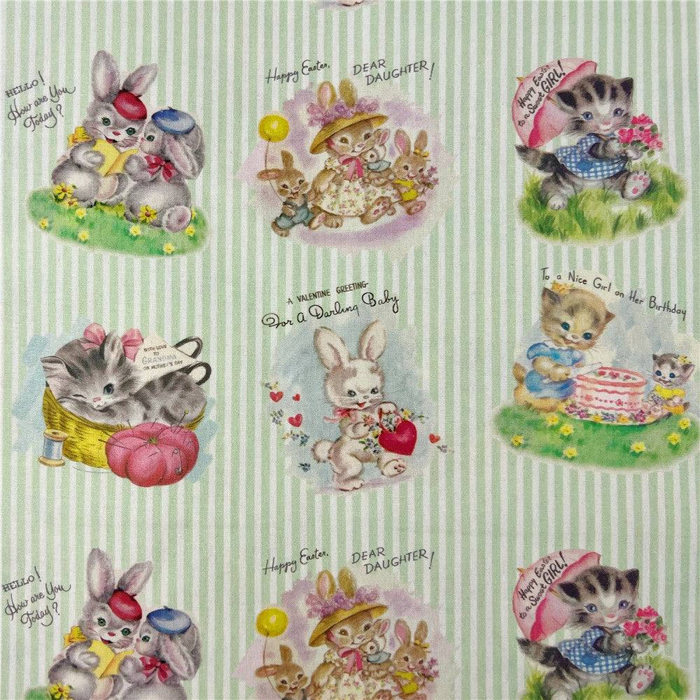 Striped Showa Animal Rabbit Cat Print 100% Cotton Fabric DIY Handmade Sewing Patchwork Quilting Baby Clothes Home Sheet Printed