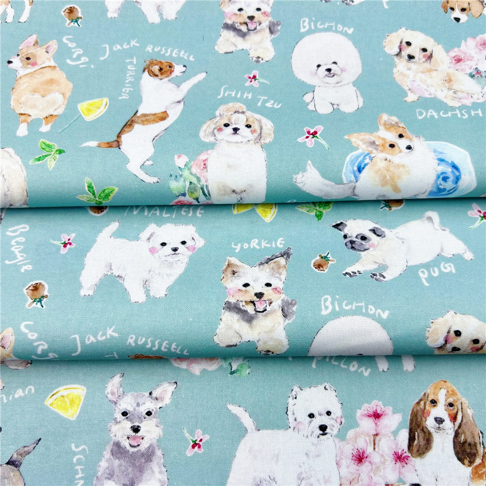 Lovely watercolor flower puppy 100% cotton fabric ,Patchwork Cloth,DIY dog Sewing Quilting Material For Baby skirt clothes