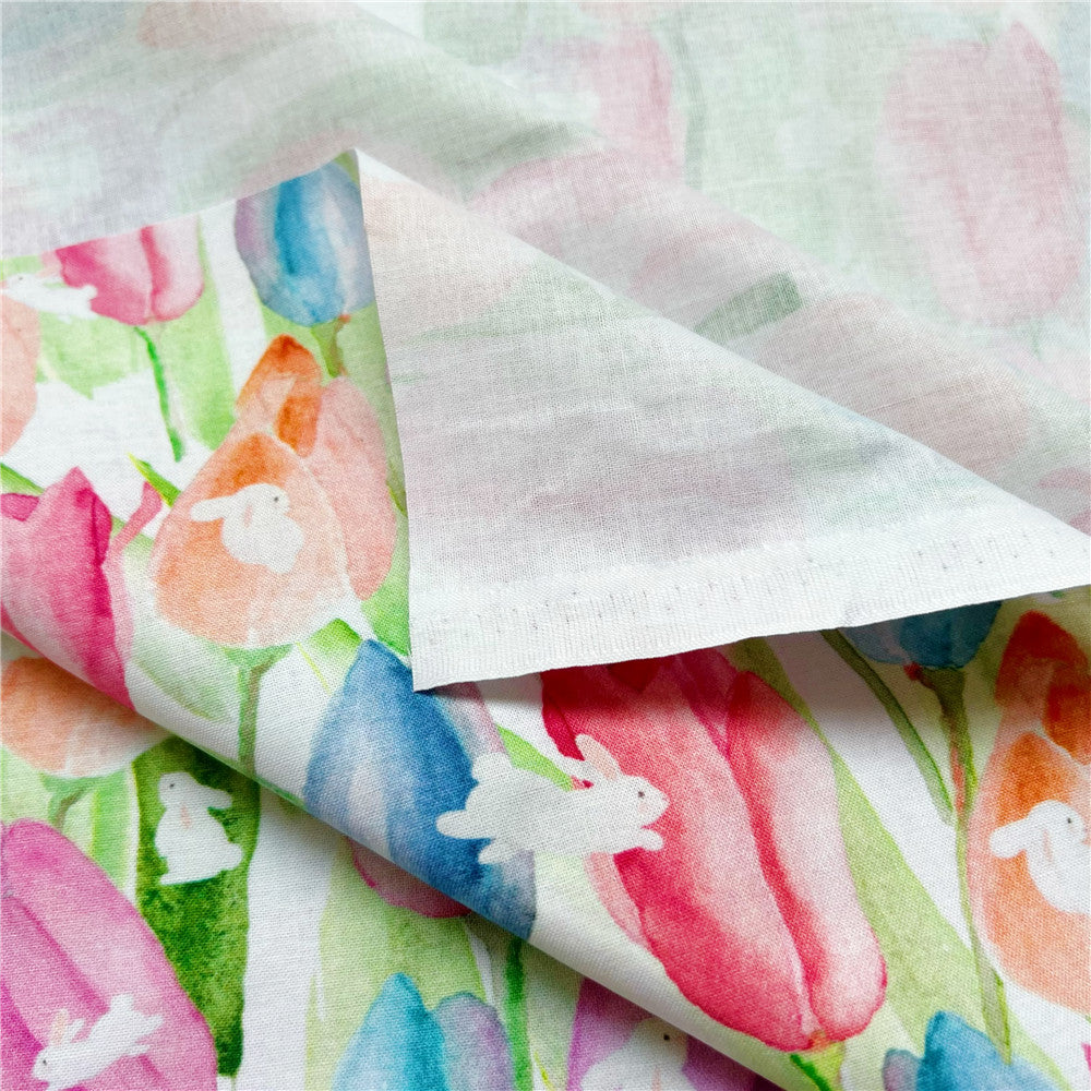 Lovely watercolor tulip rabbit 100% Cotton Fabric Printed Cloth Sewing Quilting Fabrics for Patchwork DIY Handmade Material