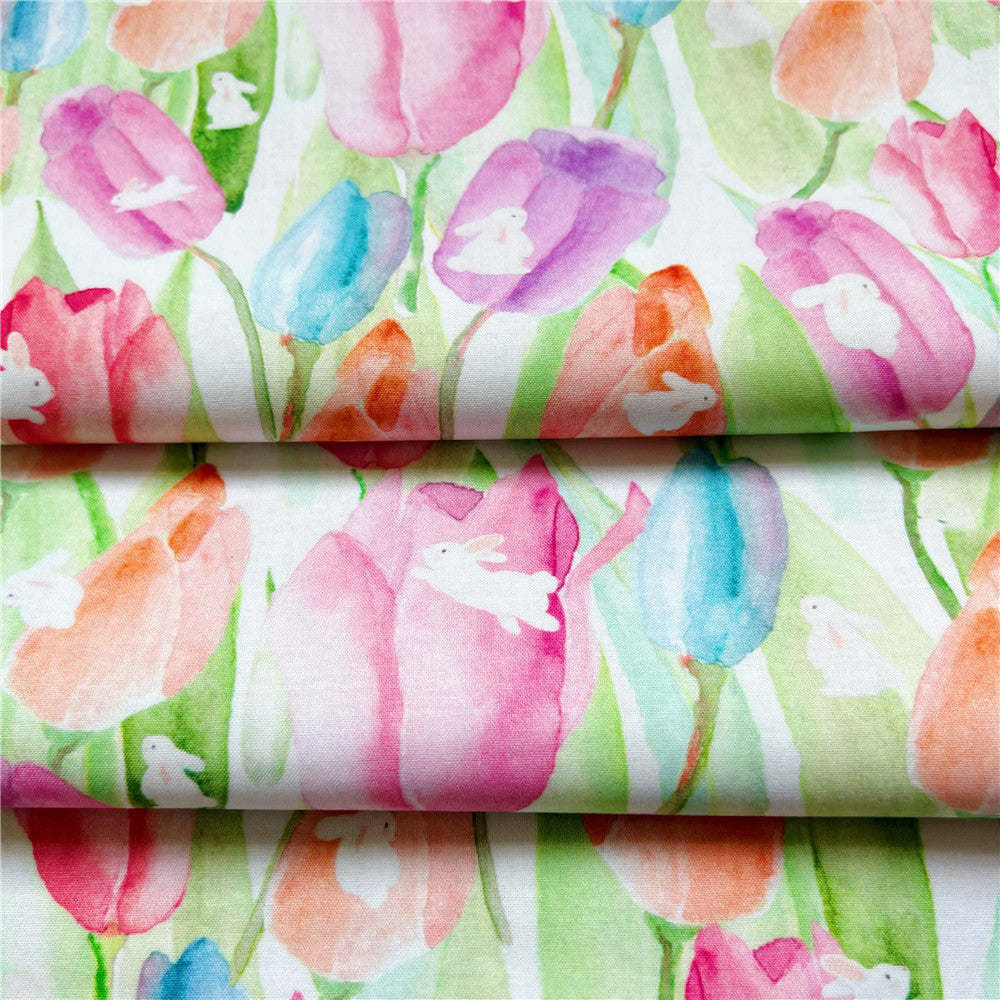 Lovely watercolor tulip rabbit 100% Cotton Fabric Printed Cloth Sewing Quilting Fabrics for Patchwork DIY Handmade Material