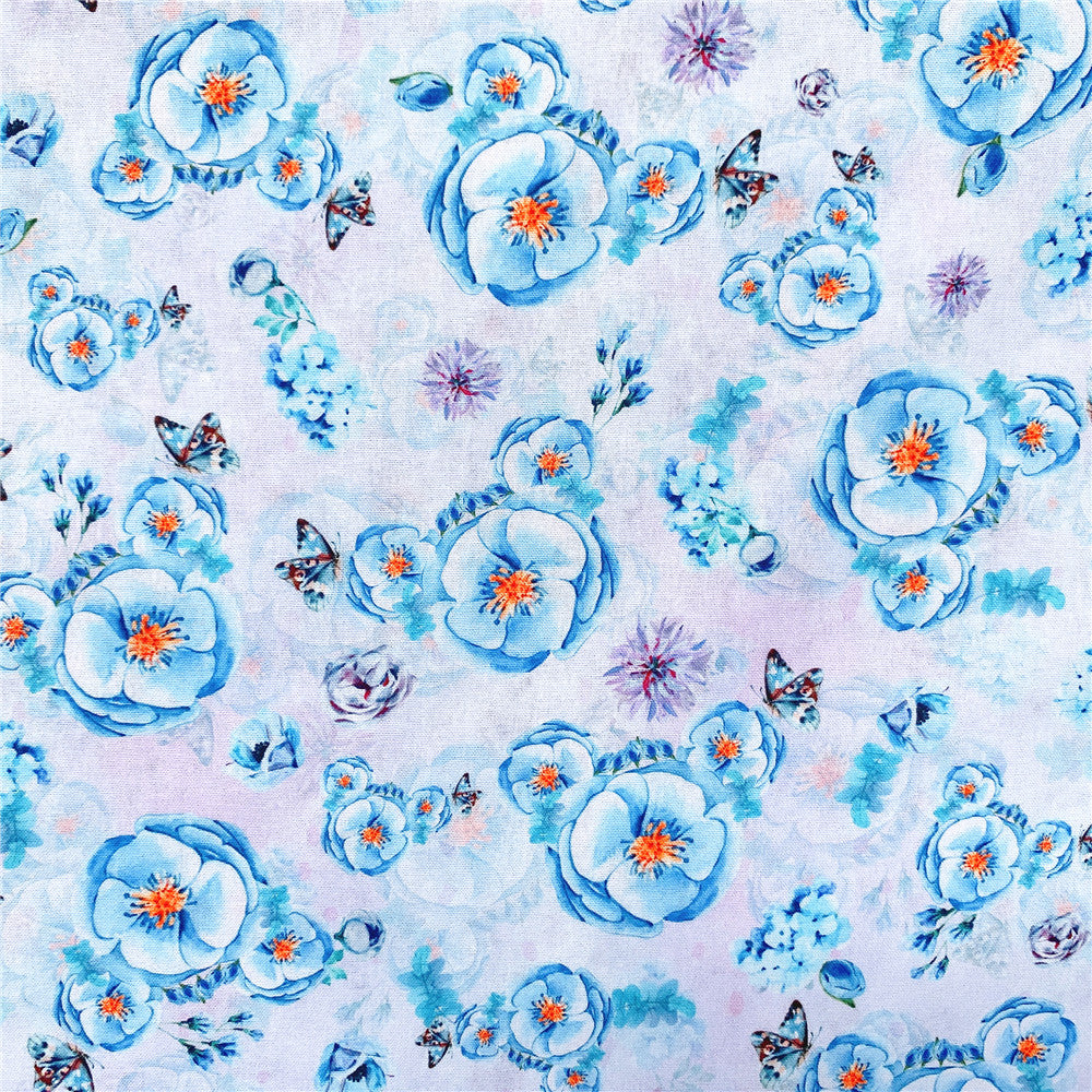 Blue Rose Butterfly Floral Cotton Fabric Printed Cloth Sewing Quilting Fabrics For Patchwork Needlework DIY Handmade Materials