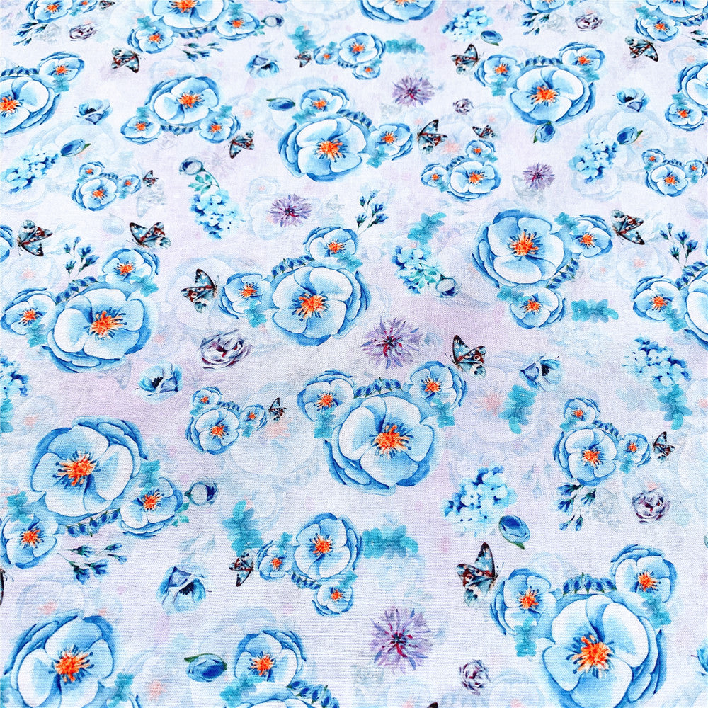 Blue Rose Butterfly Floral Cotton Fabric Printed Cloth Sewing Quilting Fabrics For Patchwork Needlework DIY Handmade Materials