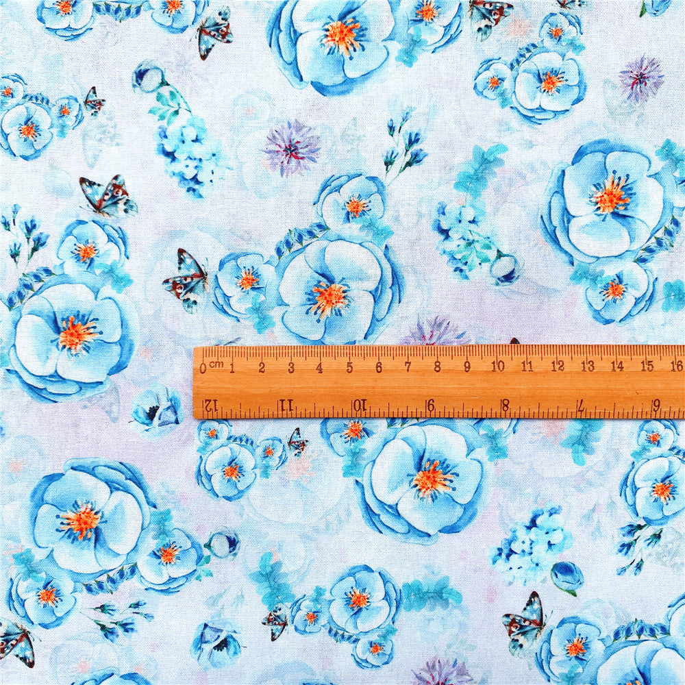 Blue Rose Butterfly Floral Cotton Fabric Printed Cloth Sewing Quilting Fabrics For Patchwork Needlework DIY Handmade Materials