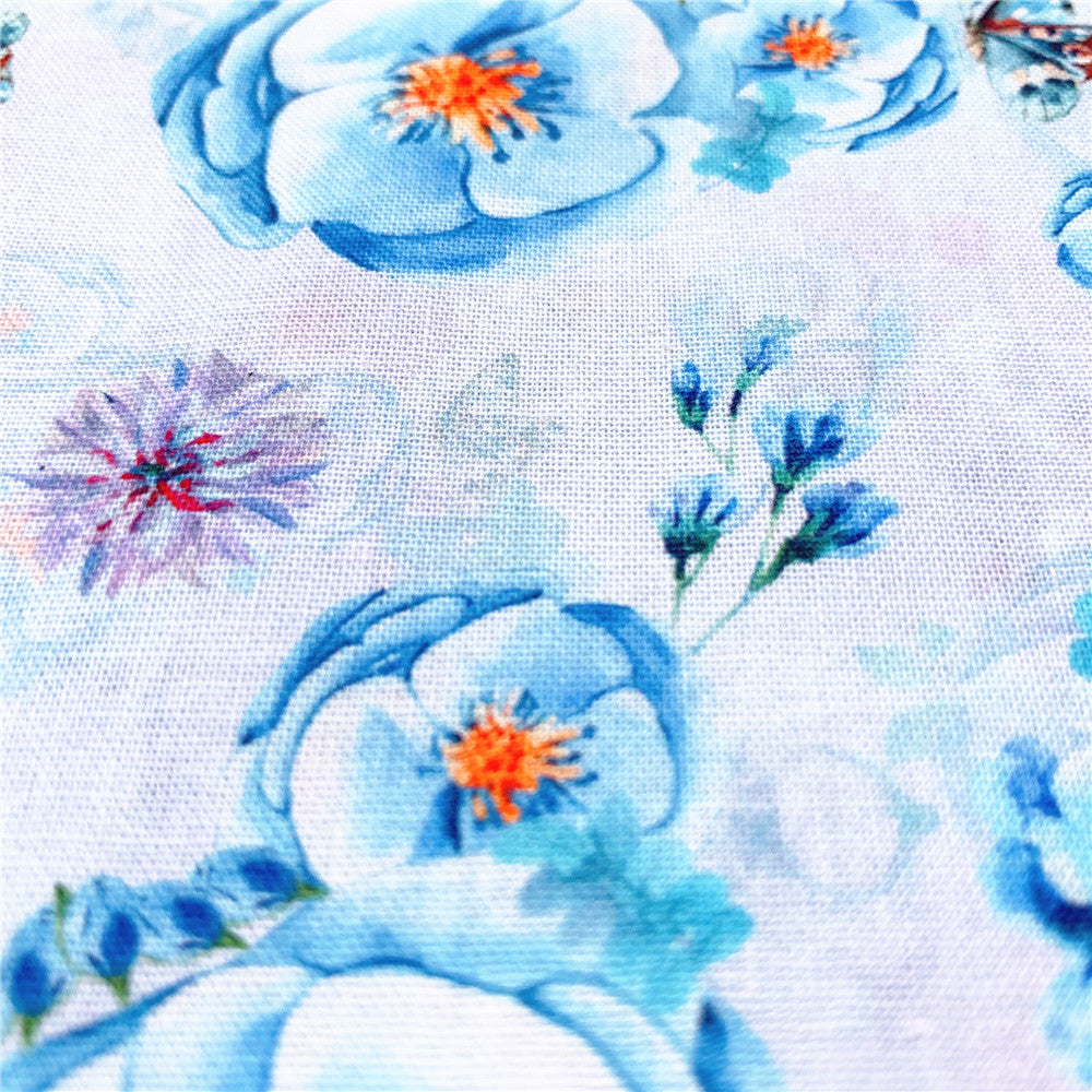 Blue Rose Butterfly Floral Cotton Fabric Printed Cloth Sewing Quilting Fabrics For Patchwork Needlework DIY Handmade Materials