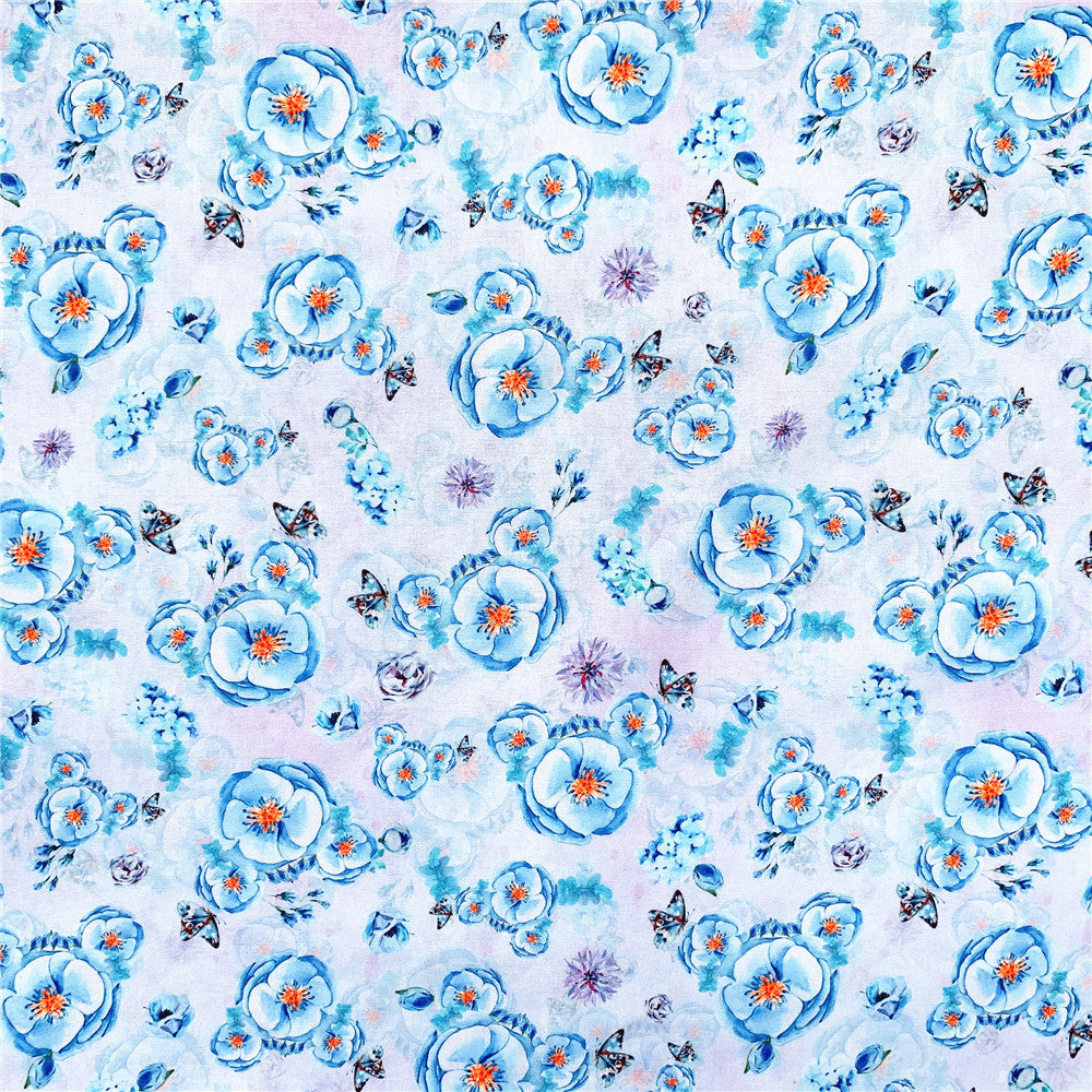 Blue Rose Butterfly Floral Cotton Fabric Printed Cloth Sewing Quilting Fabrics For Patchwork Needlework DIY Handmade Materials