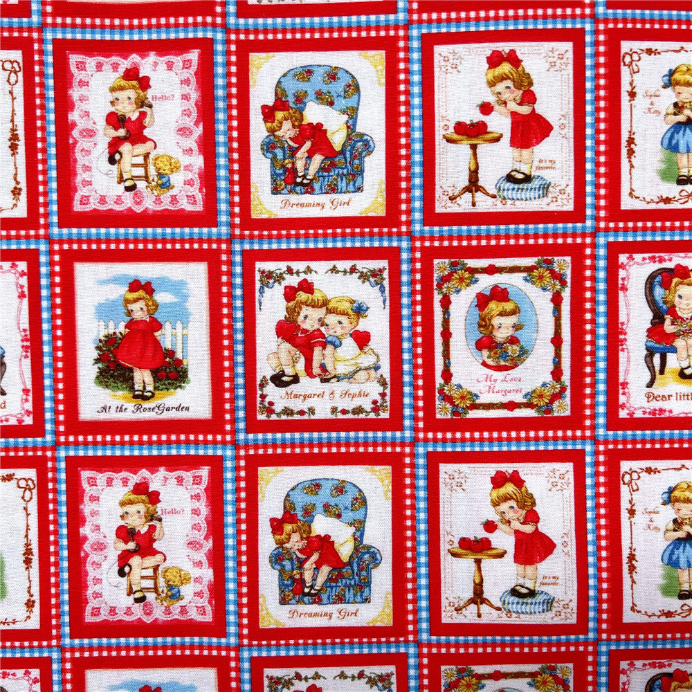 vintage Retro RED little girl 100% cotton fabric ,Patchwork Cloth,DIY Sewing Quilting Material