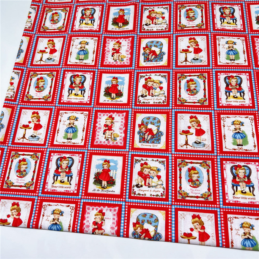 vintage Retro RED little girl 100% cotton fabric ,Patchwork Cloth,DIY Sewing Quilting Material