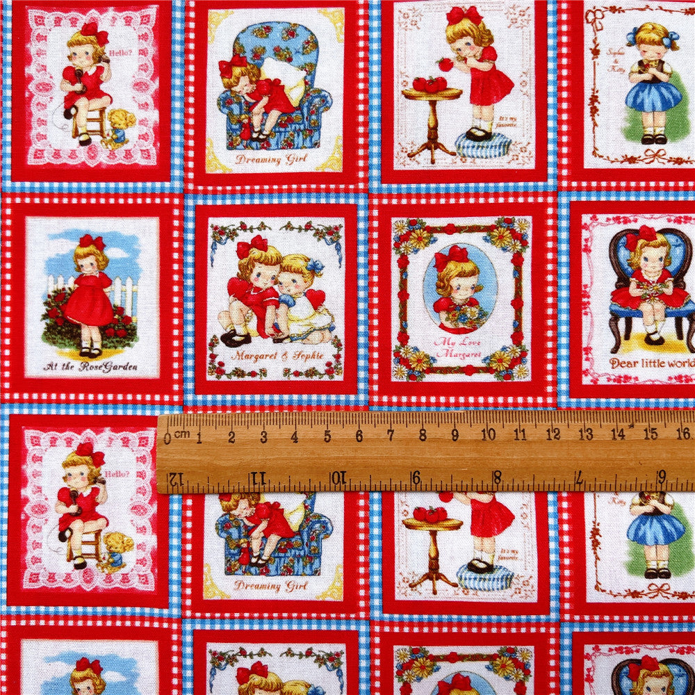 vintage Retro RED little girl 100% cotton fabric ,Patchwork Cloth,DIY Sewing Quilting Material