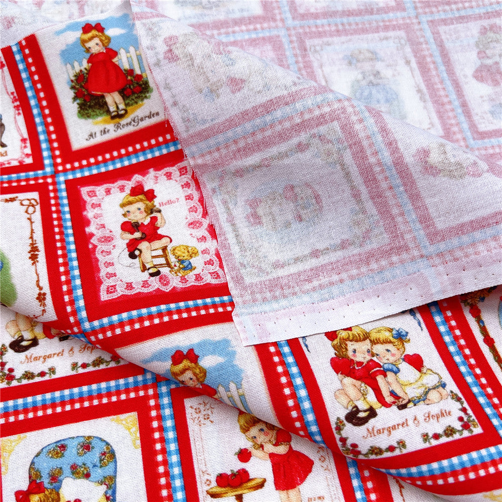 vintage Retro RED little girl 100% cotton fabric ,Patchwork Cloth,DIY Sewing Quilting Material