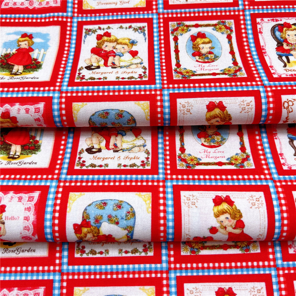 vintage Retro RED little girl 100% cotton fabric ,Patchwork Cloth,DIY Sewing Quilting Material