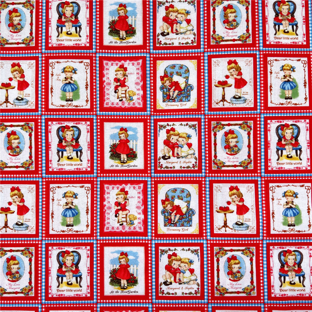 vintage Retro RED little girl 100% cotton fabric ,Patchwork Cloth,DIY Sewing Quilting Material