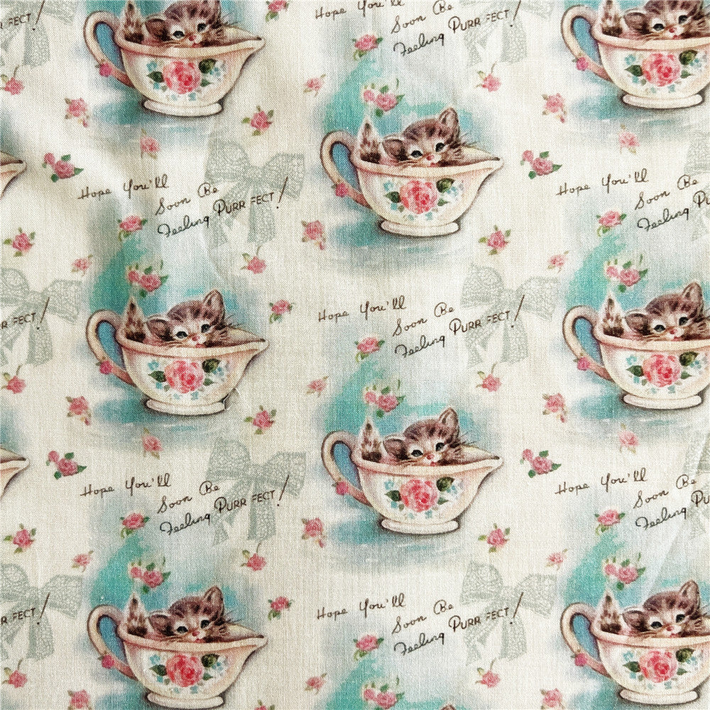 Cotton Fabric Tissus for DIY Patchwork Material Lovely Vintage Teacup cat Printed Fabrics Sewing Dolls