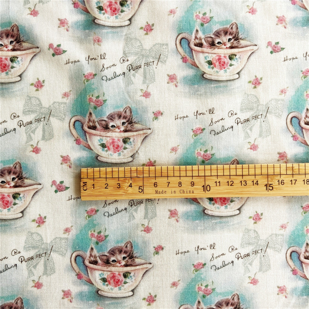 Cotton Fabric Tissus for DIY Patchwork Material Lovely Vintage Teacup cat Printed Fabrics Sewing Dolls