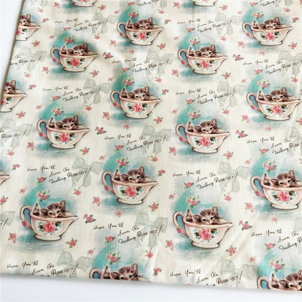 Cotton Fabric Tissus for DIY Patchwork Material Lovely Vintage Teacup cat Printed Fabrics Sewing Dolls