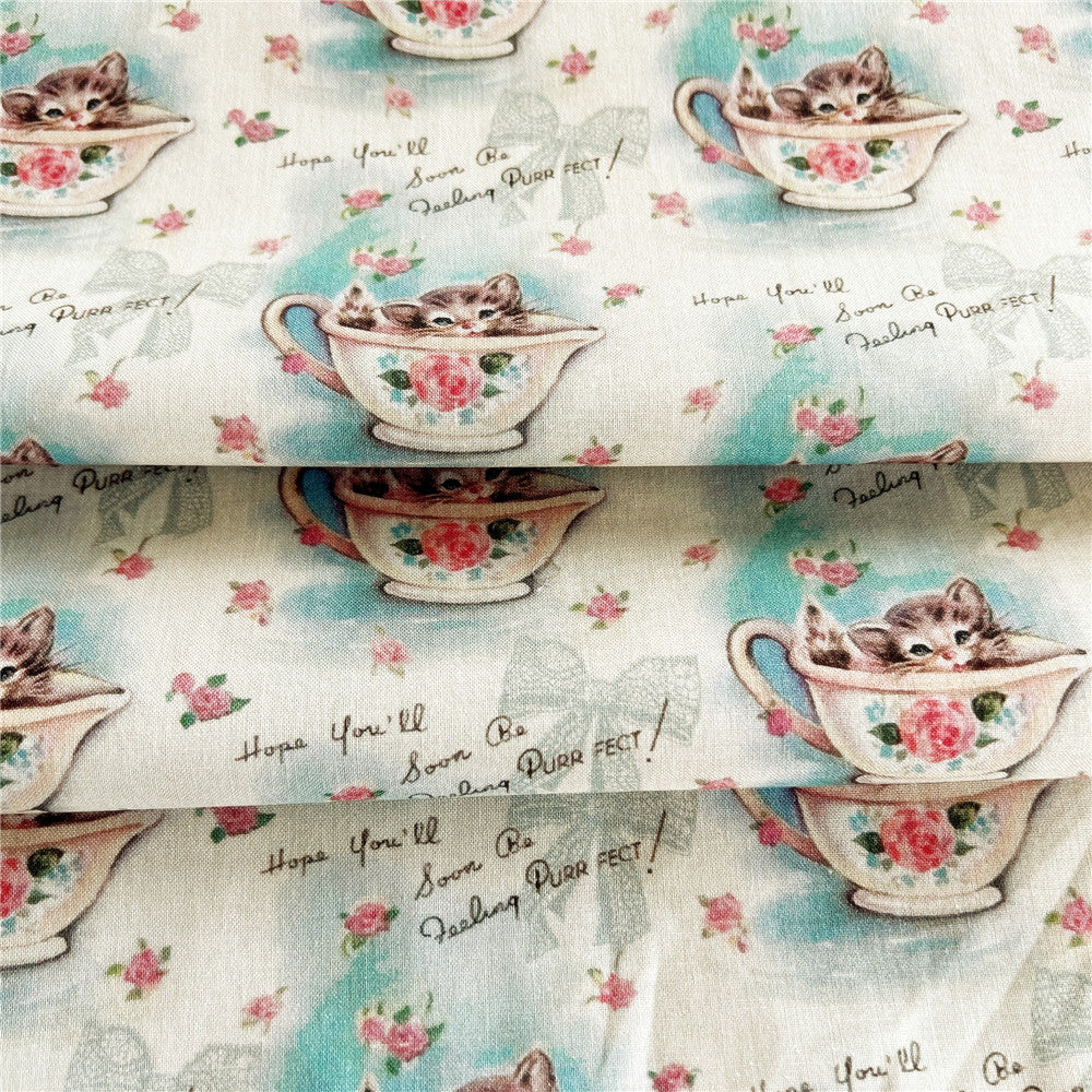 Cotton Fabric Tissus for DIY Patchwork Material Lovely Vintage Teacup cat Printed Fabrics Sewing Dolls