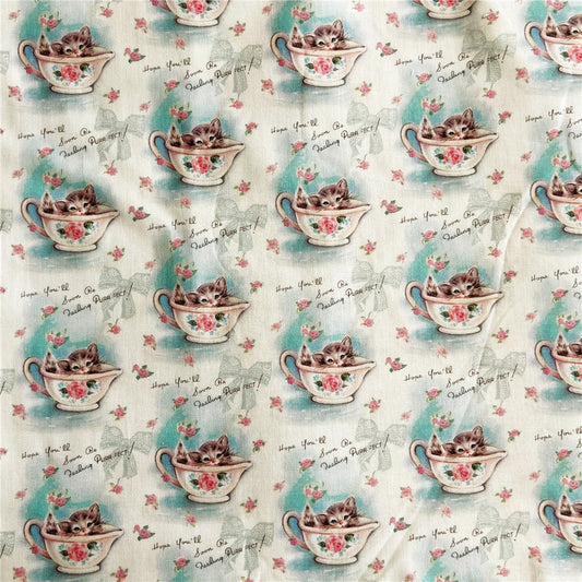 Cotton Fabric Tissus for DIY Patchwork Material Lovely Vintage Teacup cat Printed Fabrics Sewing Dolls