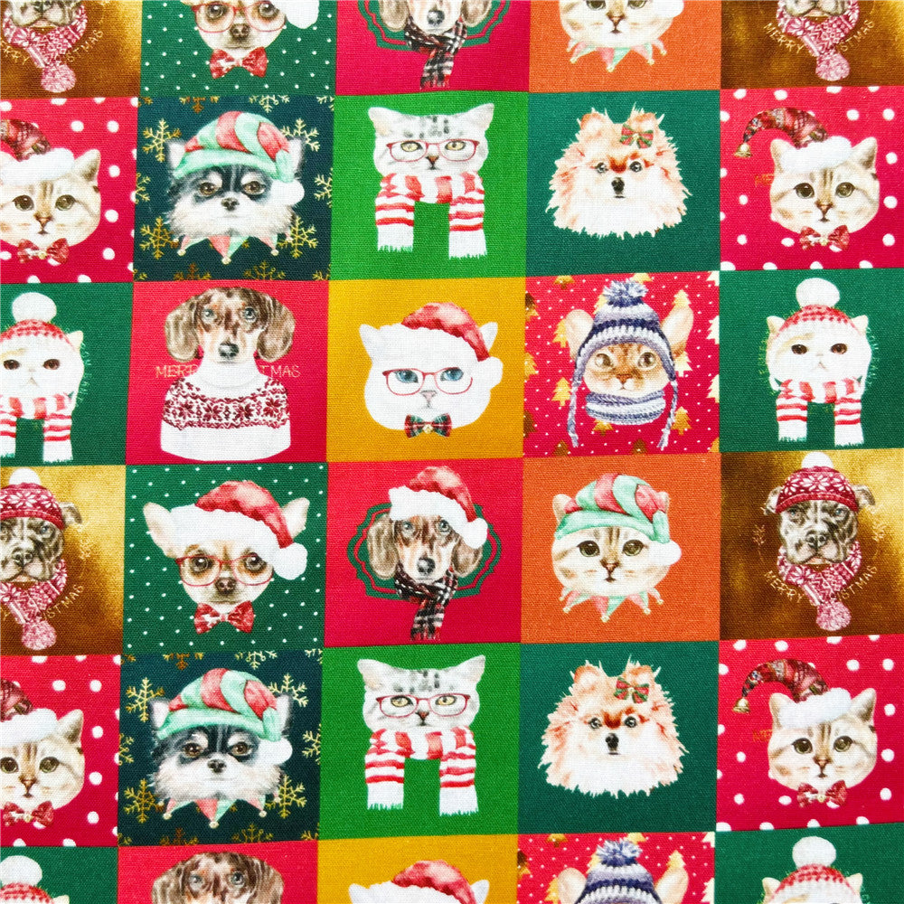 Christmas cute cat and dog set digital printing cotton fabric diy handmade Christmas decoration curtain patchwork