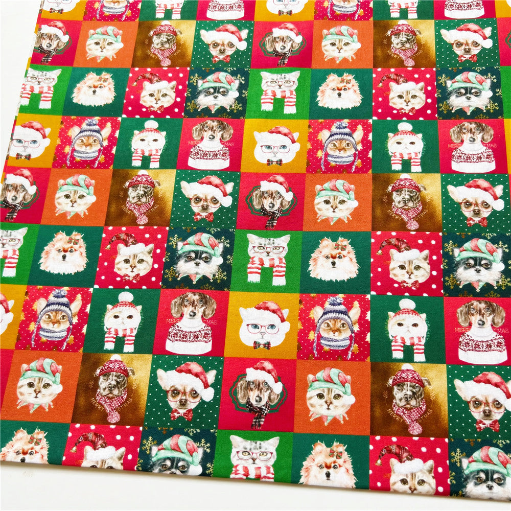 Christmas cute cat and dog set digital printing cotton fabric diy handmade Christmas decoration curtain patchwork