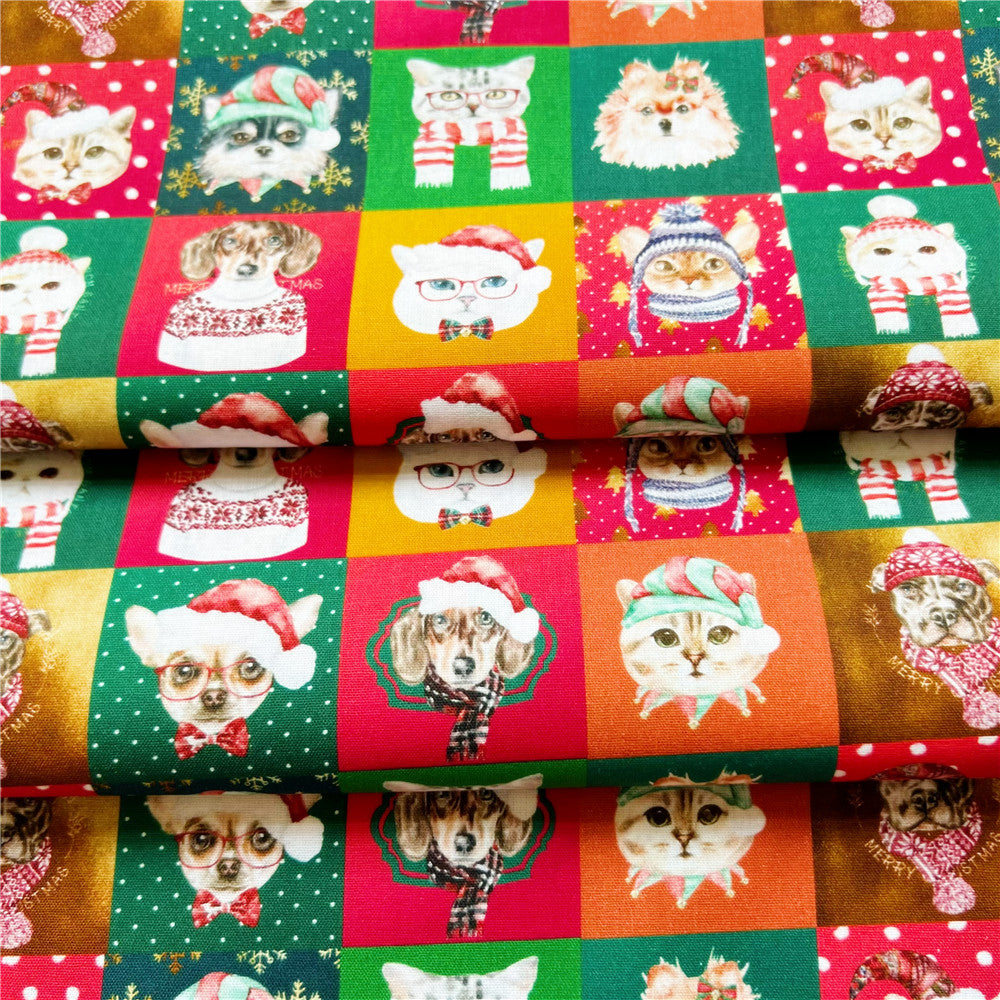 Christmas cute cat and dog set digital printing cotton fabric diy handmade Christmas decoration curtain patchwork