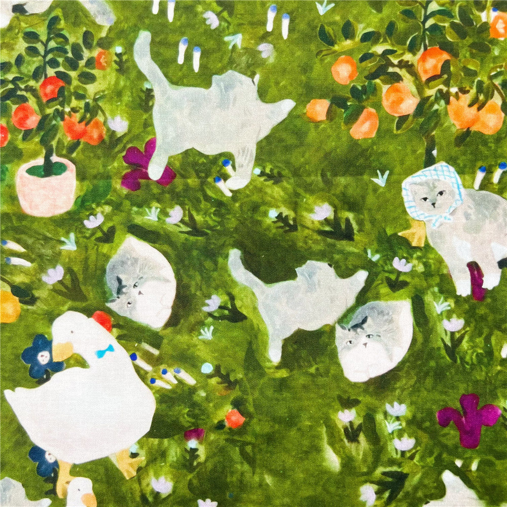 Oil painting grass, cat, duck, printed cotton cloth, hat mouth, gold bag fabric, children's dress, bookclothes, tablecloth