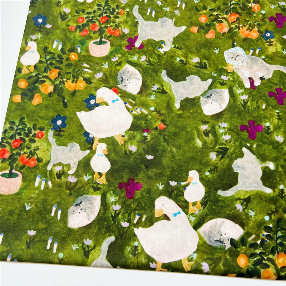 Oil painting grass, cat, duck, printed cotton cloth, hat mouth, gold bag fabric, children's dress, bookclothes, tablecloth