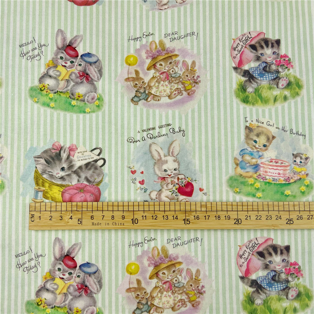 Striped Showa Animal Rabbit Cat Print 100% Cotton Fabric DIY Handmade Sewing Patchwork Quilting Baby Clothes Home Sheet Printed