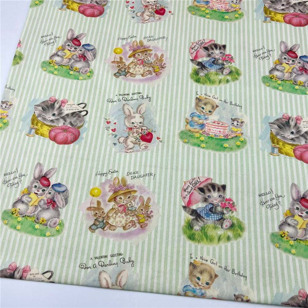 Striped Showa Animal Rabbit Cat Print 100% Cotton Fabric DIY Handmade Sewing Patchwork Quilting Baby Clothes Home Sheet Printed