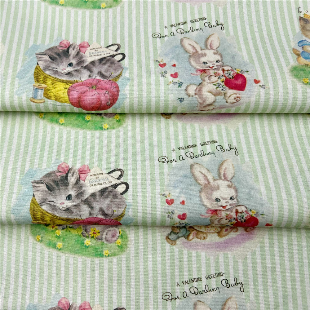 Striped Showa Animal Rabbit Cat Print 100% Cotton Fabric DIY Handmade Sewing Patchwork Quilting Baby Clothes Home Sheet Printed