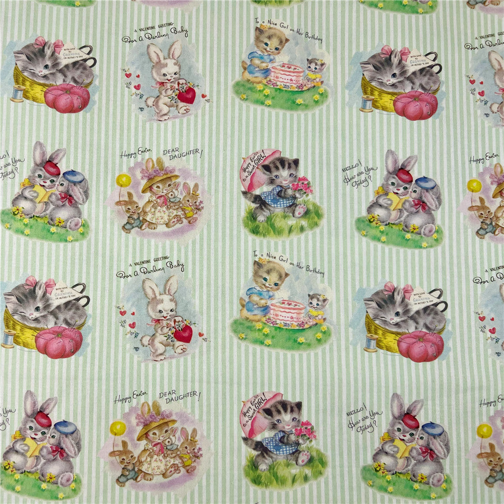 Striped Showa Animal Rabbit Cat Print 100% Cotton Fabric DIY Handmade Sewing Patchwork Quilting Baby Clothes Home Sheet Printed