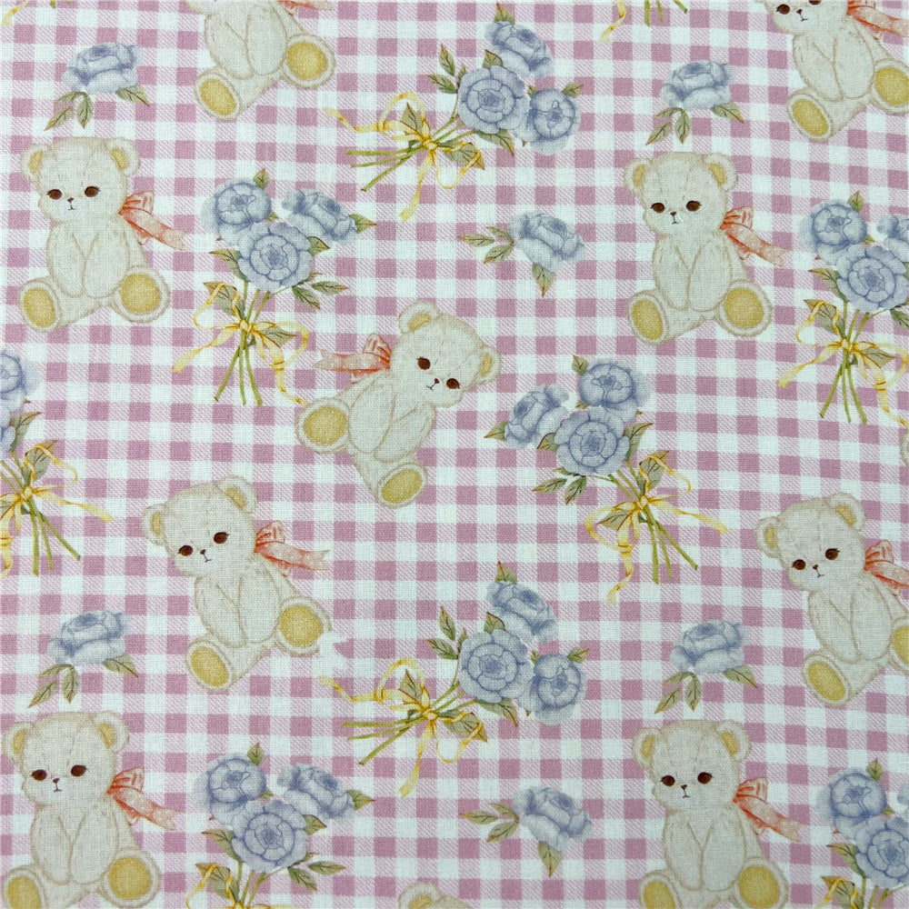 Pink plaid cute white bear 100% Cotton Fabric Material Patchwork Sewing Fabrics Quilt Needlework DIY Cloth baby clothe Material