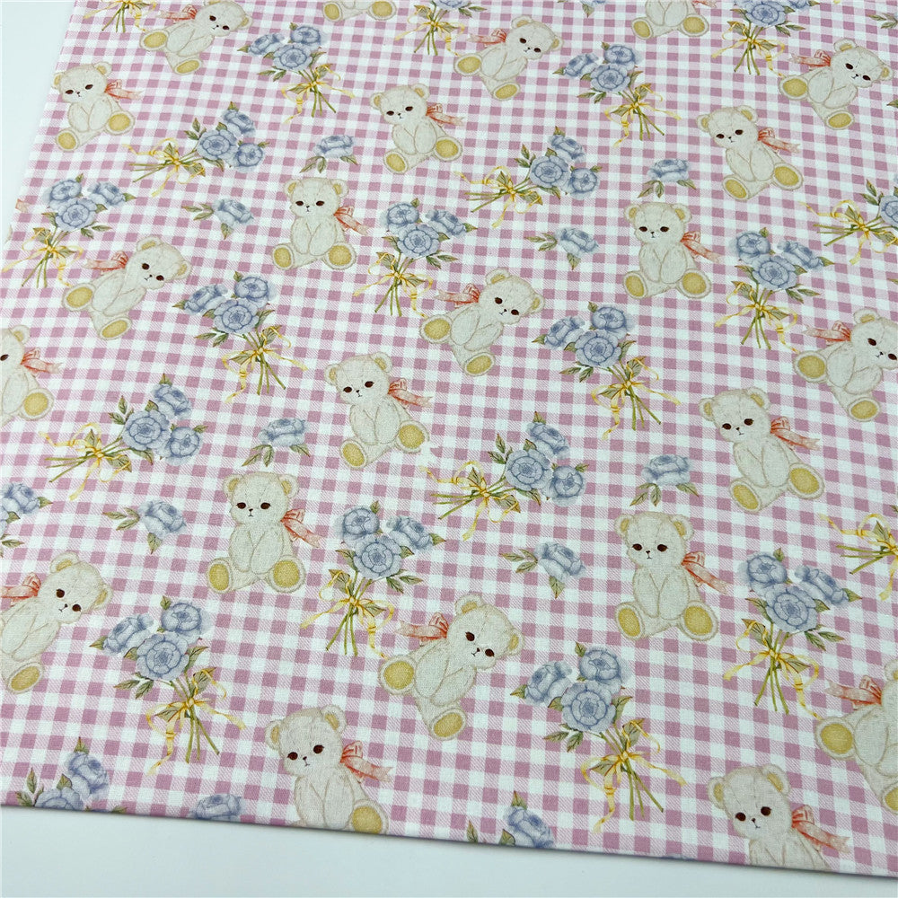 Pink plaid cute white bear 100% Cotton Fabric Material Patchwork Sewing Fabrics Quilt Needlework DIY Cloth baby clothe Material