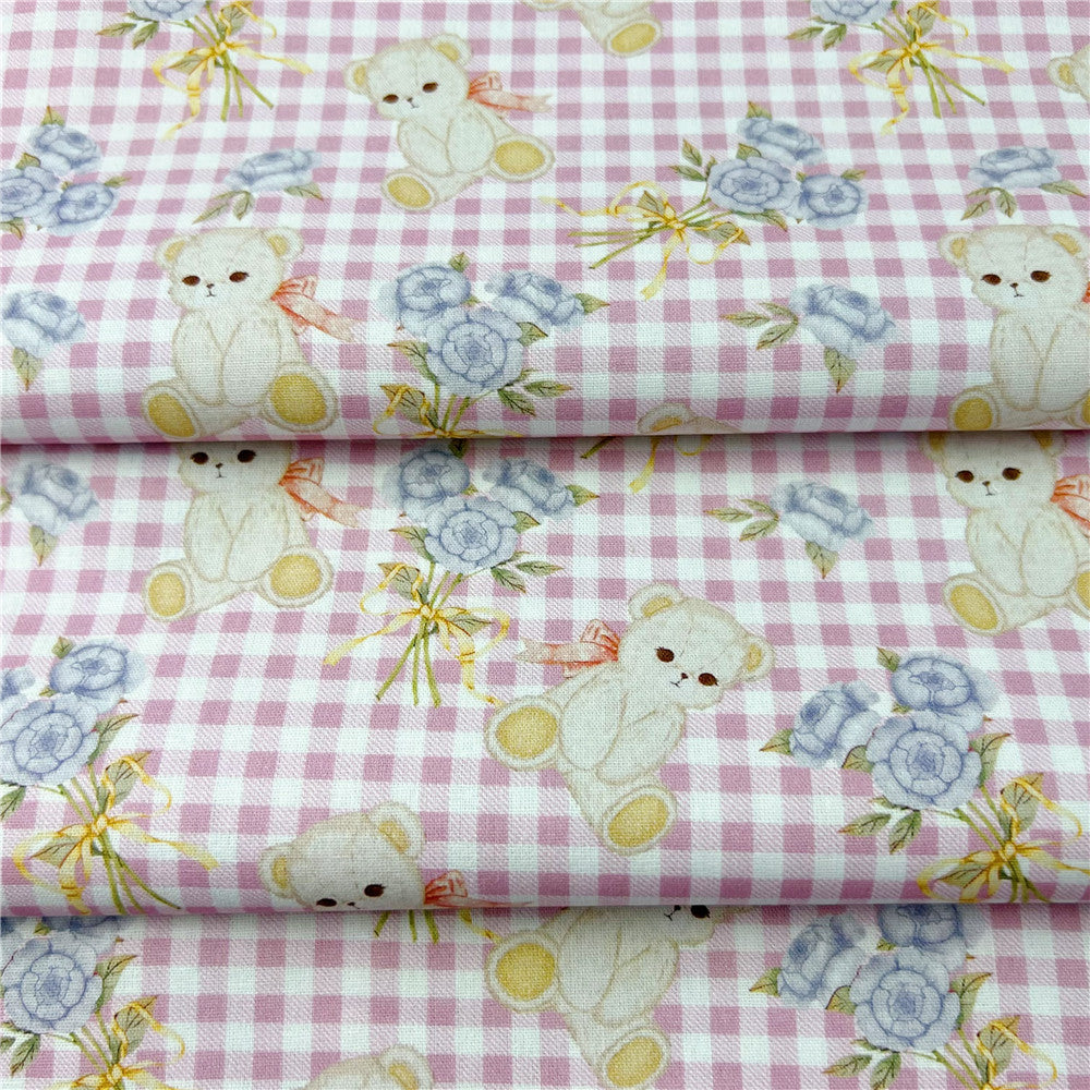 Pink plaid cute white bear 100% Cotton Fabric Material Patchwork Sewing Fabrics Quilt Needlework DIY Cloth baby clothe Material