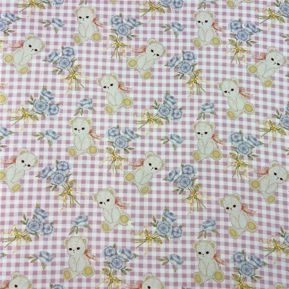 Pink plaid cute white bear 100% Cotton Fabric Material Patchwork Sewing Fabrics Quilt Needlework DIY Cloth baby clothe Material