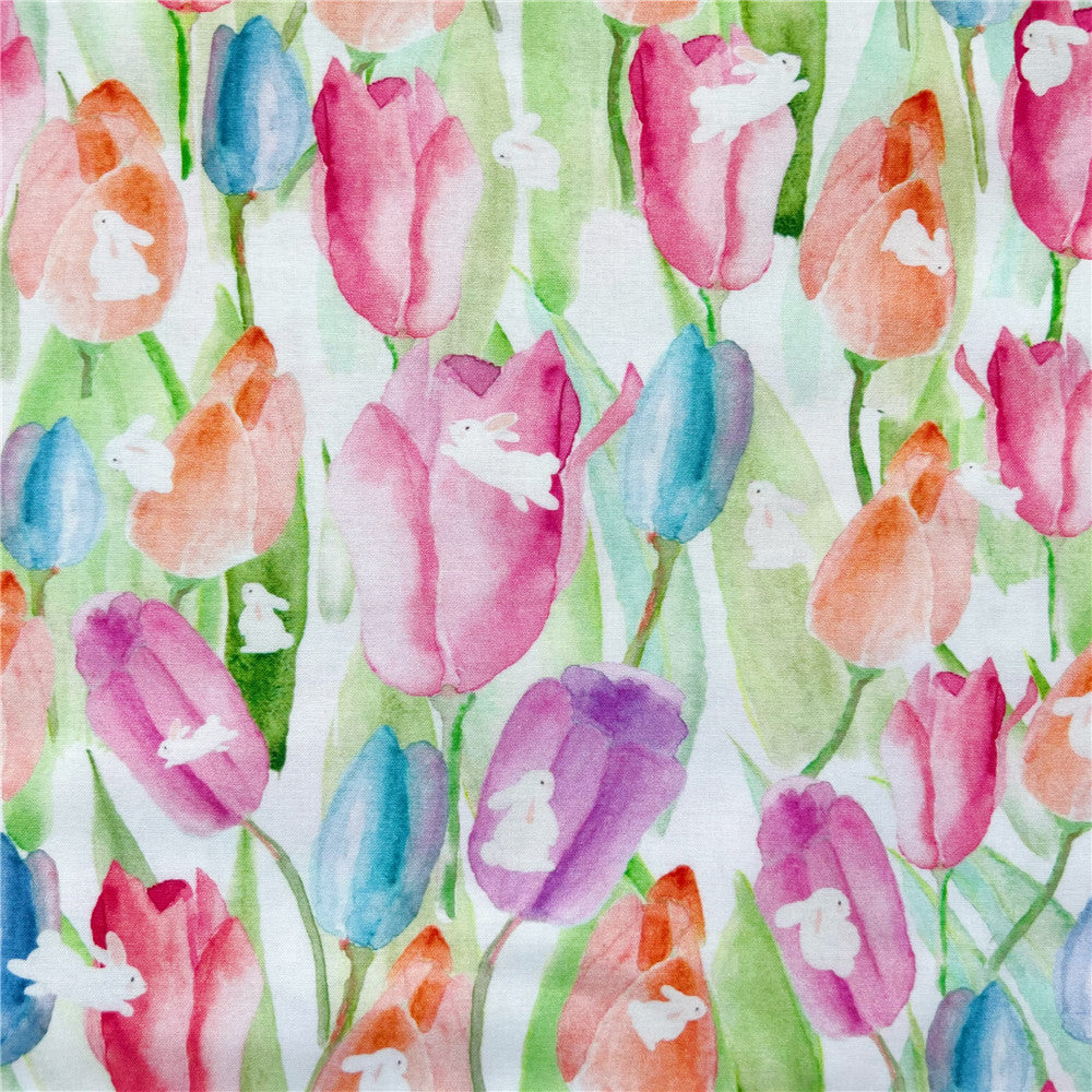 Lovely watercolor tulip rabbit 100% Cotton Fabric Printed Cloth Sewing Quilting Fabrics for Patchwork DIY Handmade Material