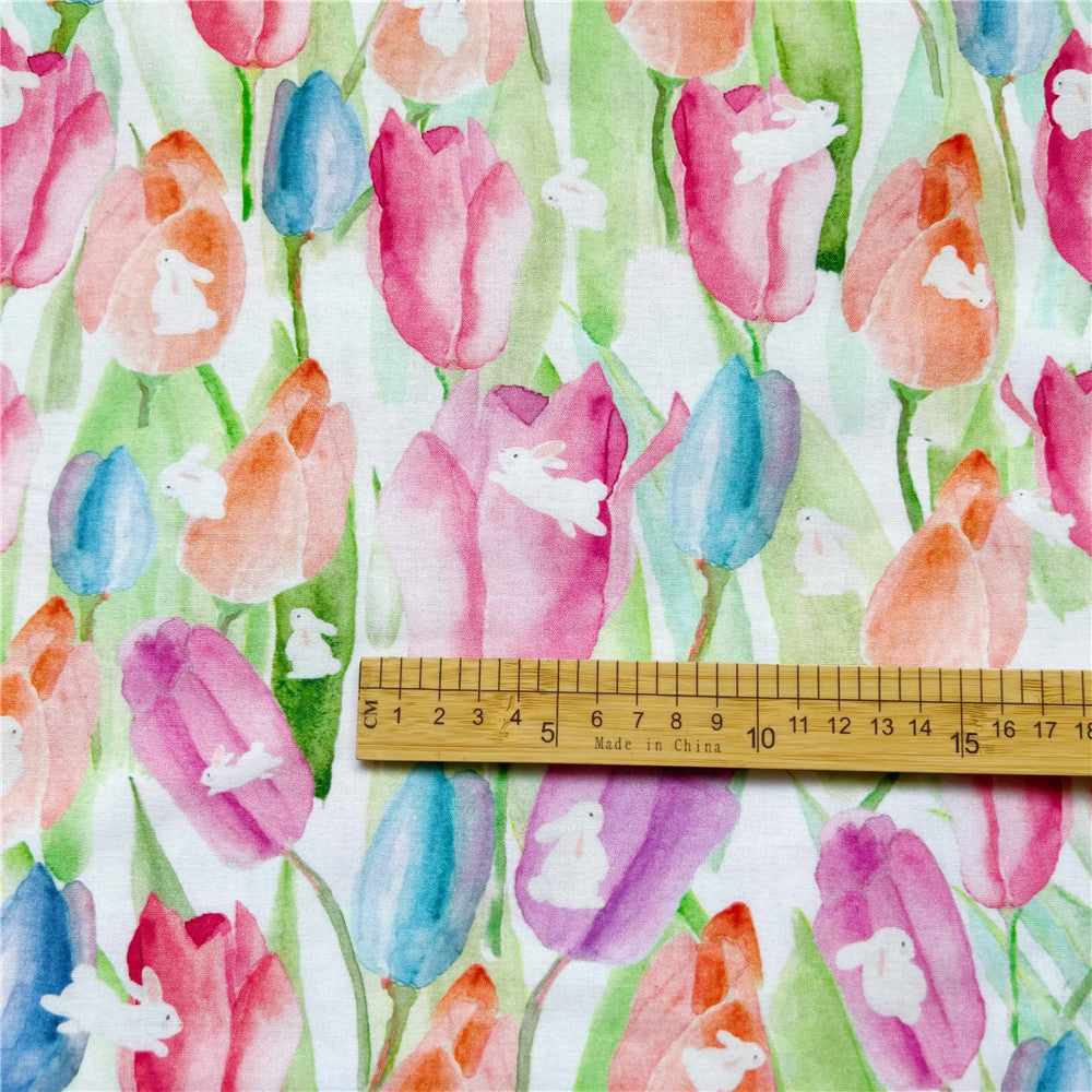 Lovely watercolor tulip rabbit 100% Cotton Fabric Printed Cloth Sewing Quilting Fabrics for Patchwork DIY Handmade Material