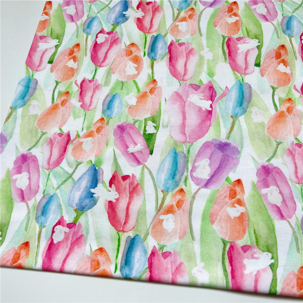 Lovely watercolor tulip rabbit 100% Cotton Fabric Printed Cloth Sewing Quilting Fabrics for Patchwork DIY Handmade Material