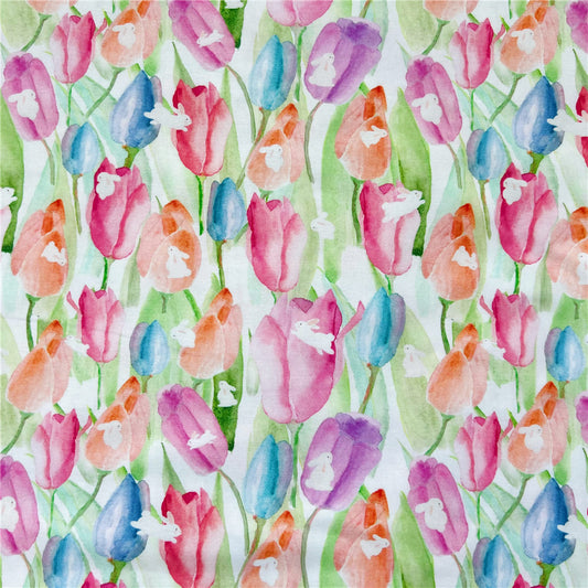 Lovely watercolor tulip rabbit 100% Cotton Fabric Printed Cloth Sewing Quilting Fabrics for Patchwork DIY Handmade Material