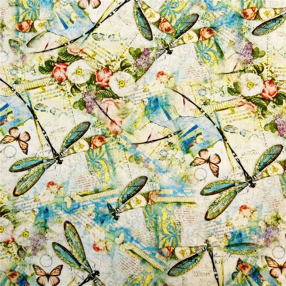 Vintage dragonfly newspaper print Cotton Fabric Sewing Material Needlework Diy Cloth baby Dress skirt handbag patchwork Material